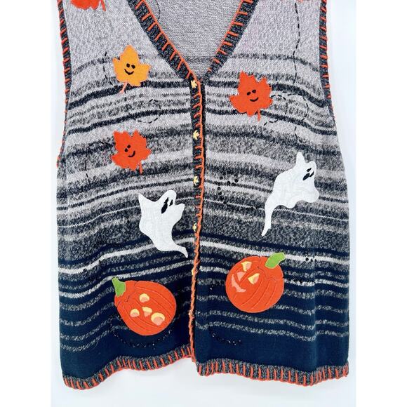 Vintage Liz & Me Knit Sweater Vest Halloween Fall Ghost Pumpkins Leaves 3X 26/28 - Picture 7 of 10